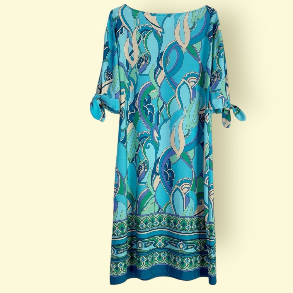 London Times Tie Sleeve Shift Dress Size 12 Coastal Turquoise Print - Picture 4 of 11